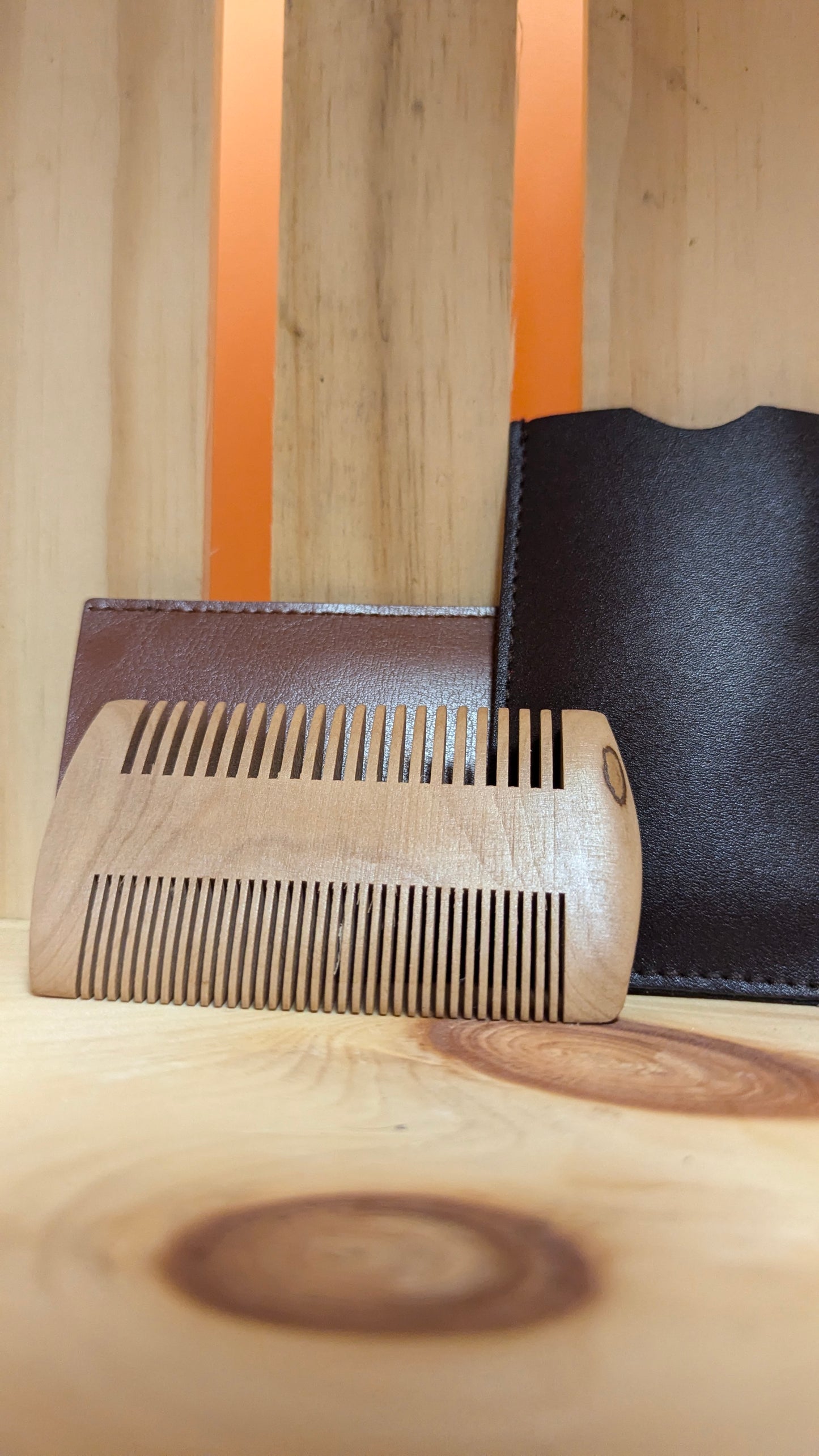 Wooden Beard Comb in Leather Sleeve